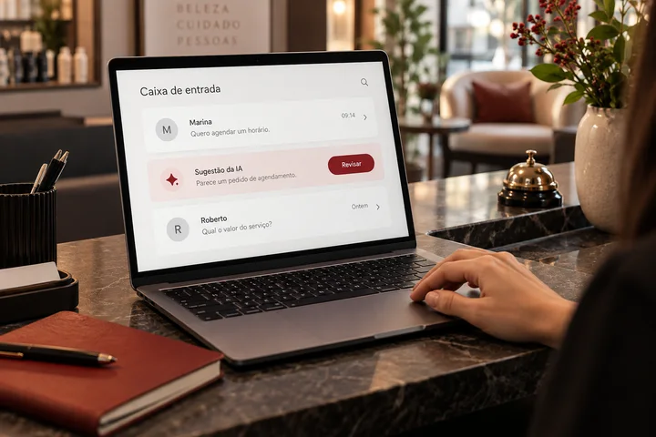 Cena ilustrativa: pessoa revisa uma sugestão de atendimento em uma caixa de mensagens organizada.