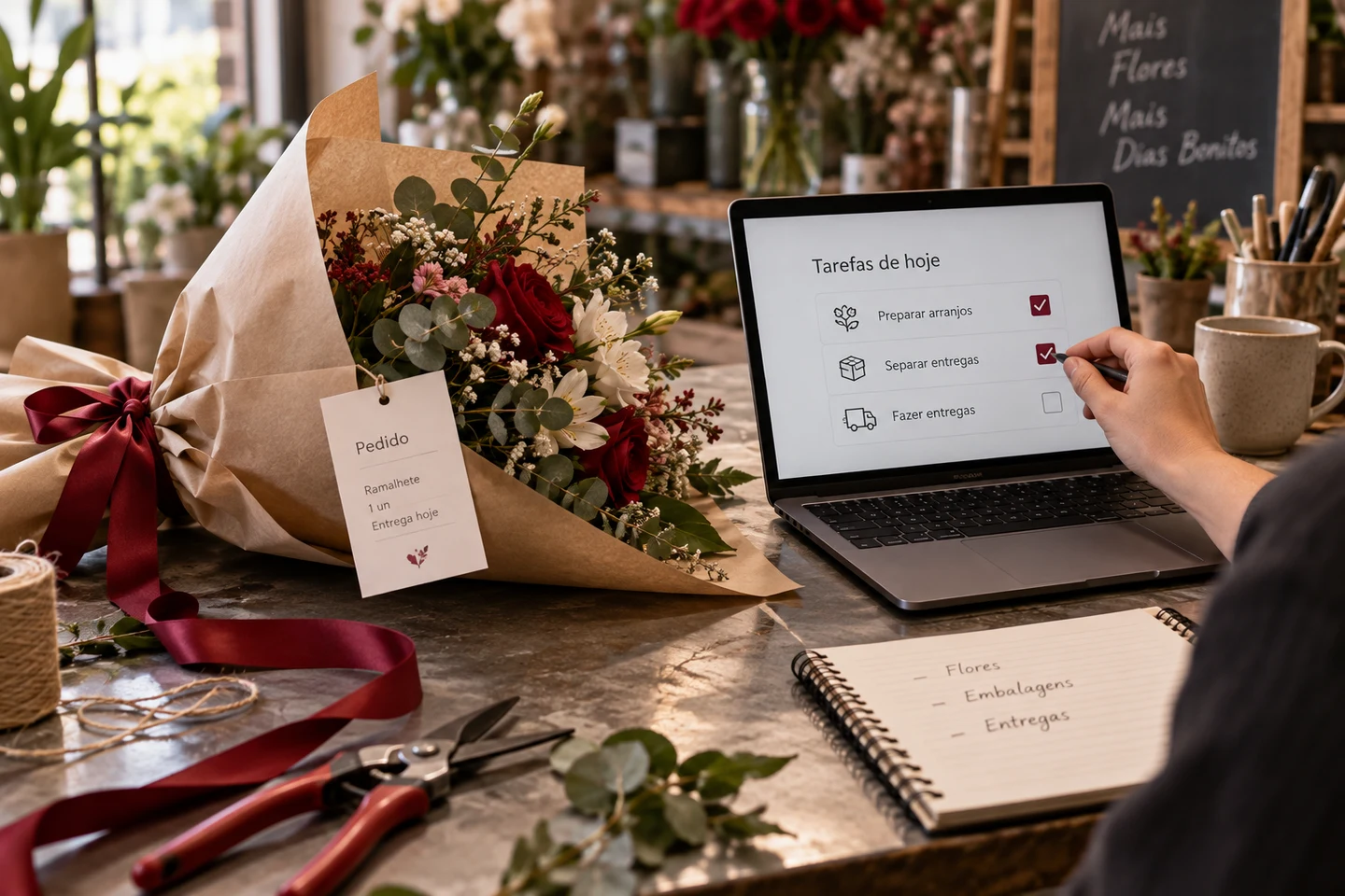 Cena ilustrativa: floricultura organiza entregas e tarefas recorrentes em um checklist.