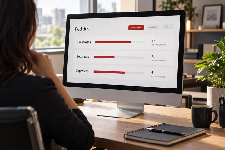 Cena ilustrativa: responsável acompanha pedidos e trabalho em andamento em uma visão organizada.