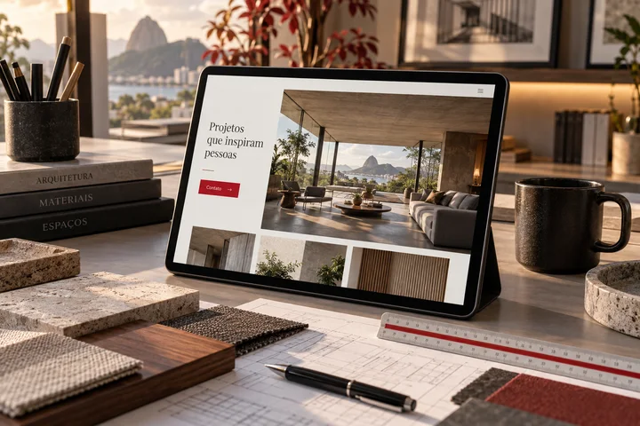Conceito ilustrativo: site de arquitetura apresenta ambientes e facilita o contato pelo tablet.